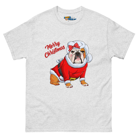 "Merry Christmas" Mrs. Claus Bulldog Men's Classic Tee | Red & White Colored