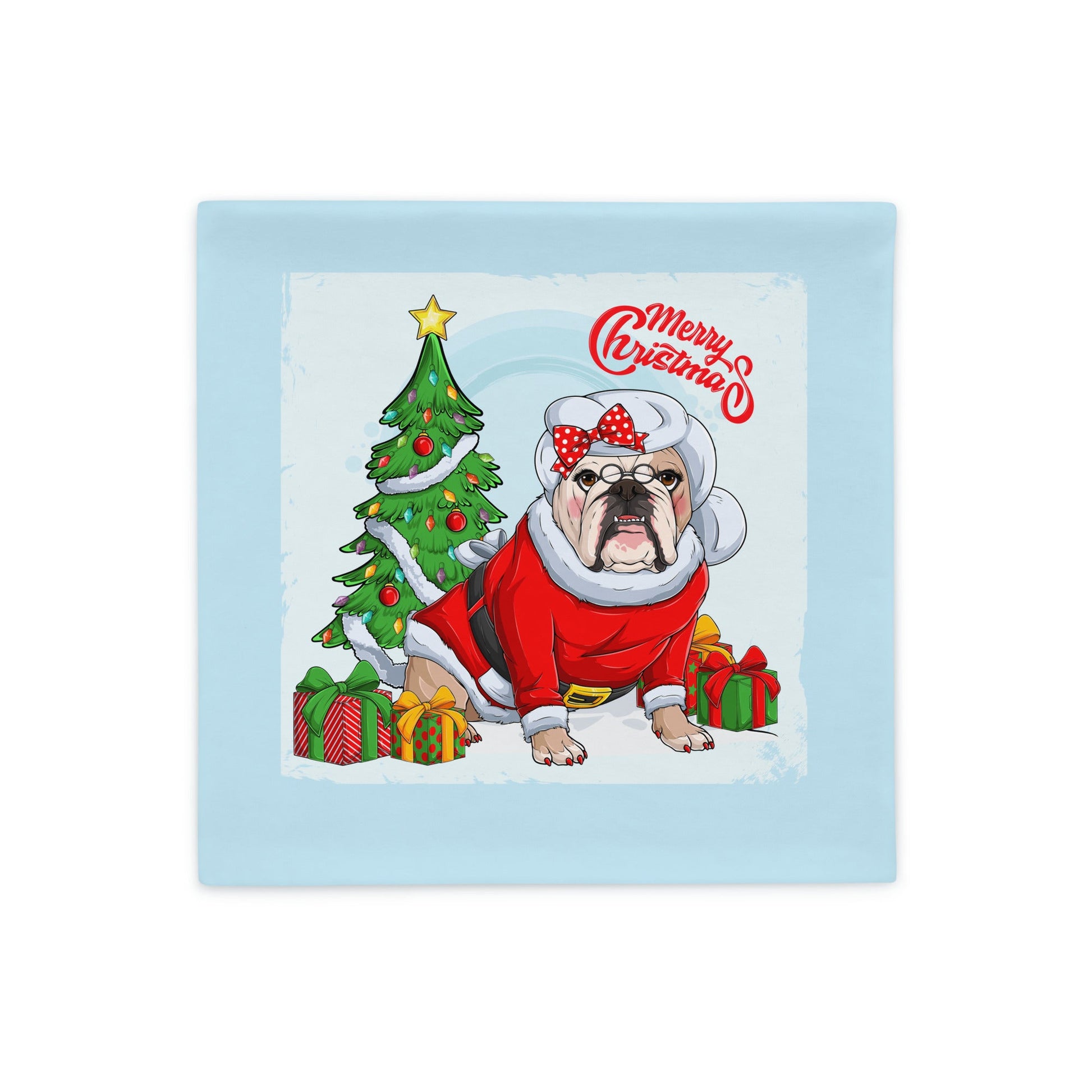 "Merry Christmas" Mrs. Claus Bulldog Pillow Case | Fawn & White Colored