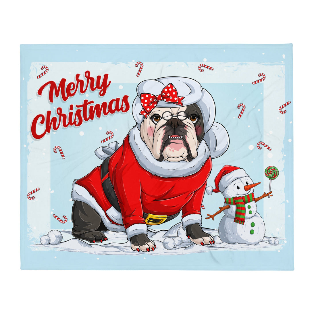 &quot;Merry Christmas&quot; Mrs. Claus Bulldog Throw Blanket | B&amp;W Colored