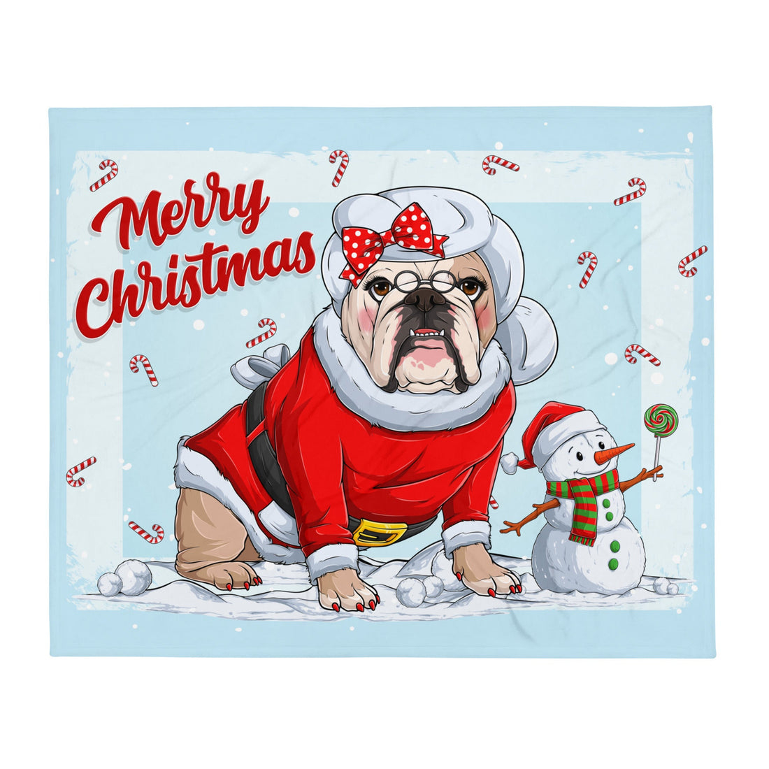 &quot;Merry Christmas&quot; Mrs. Claus Bulldog Throw Blanket | Fawn &amp; White Colored