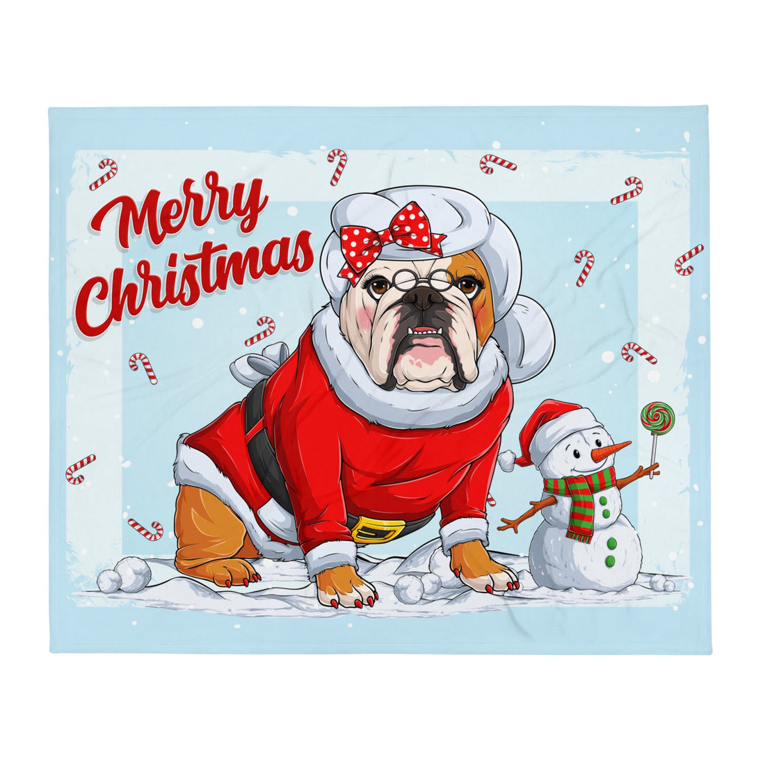 &quot;Merry Christmas&quot; Mrs. Claus Bulldog Throw Blanket | Red &amp; White Colored