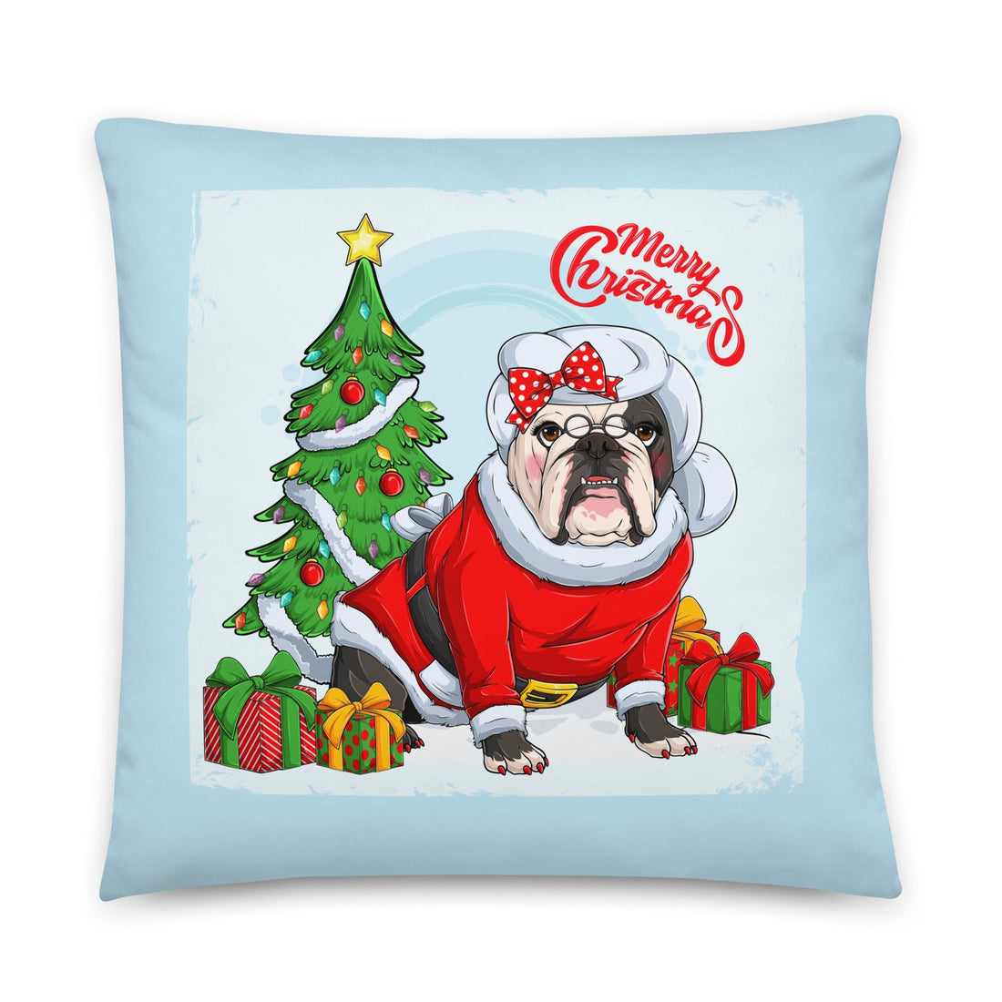 &quot;Merry Christmas&quot; Mrs. Claus Bulldog Throw Pillow | B&amp;W Colored