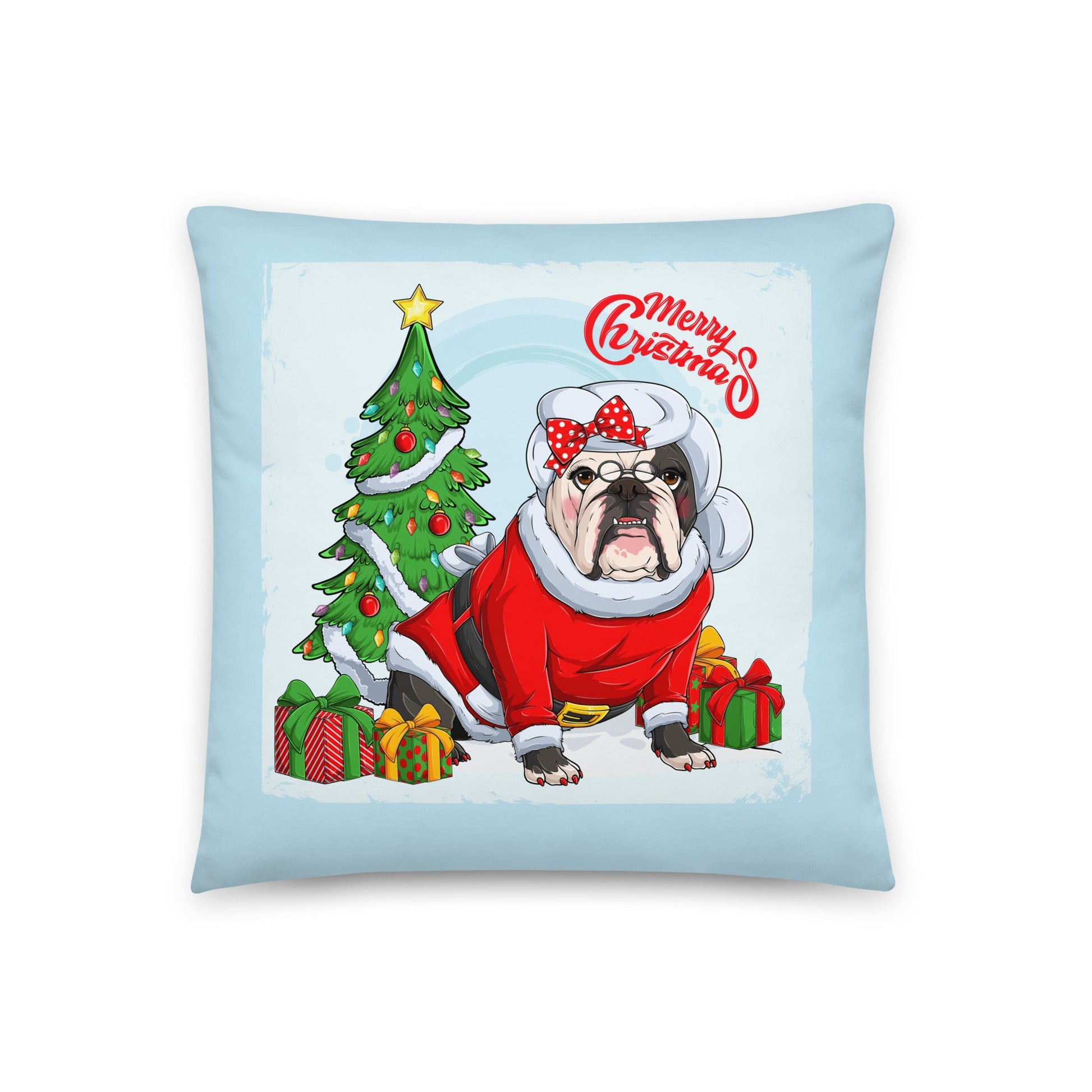 "Merry Christmas" Mrs. Claus Bulldog Throw Pillow | B&W Colored