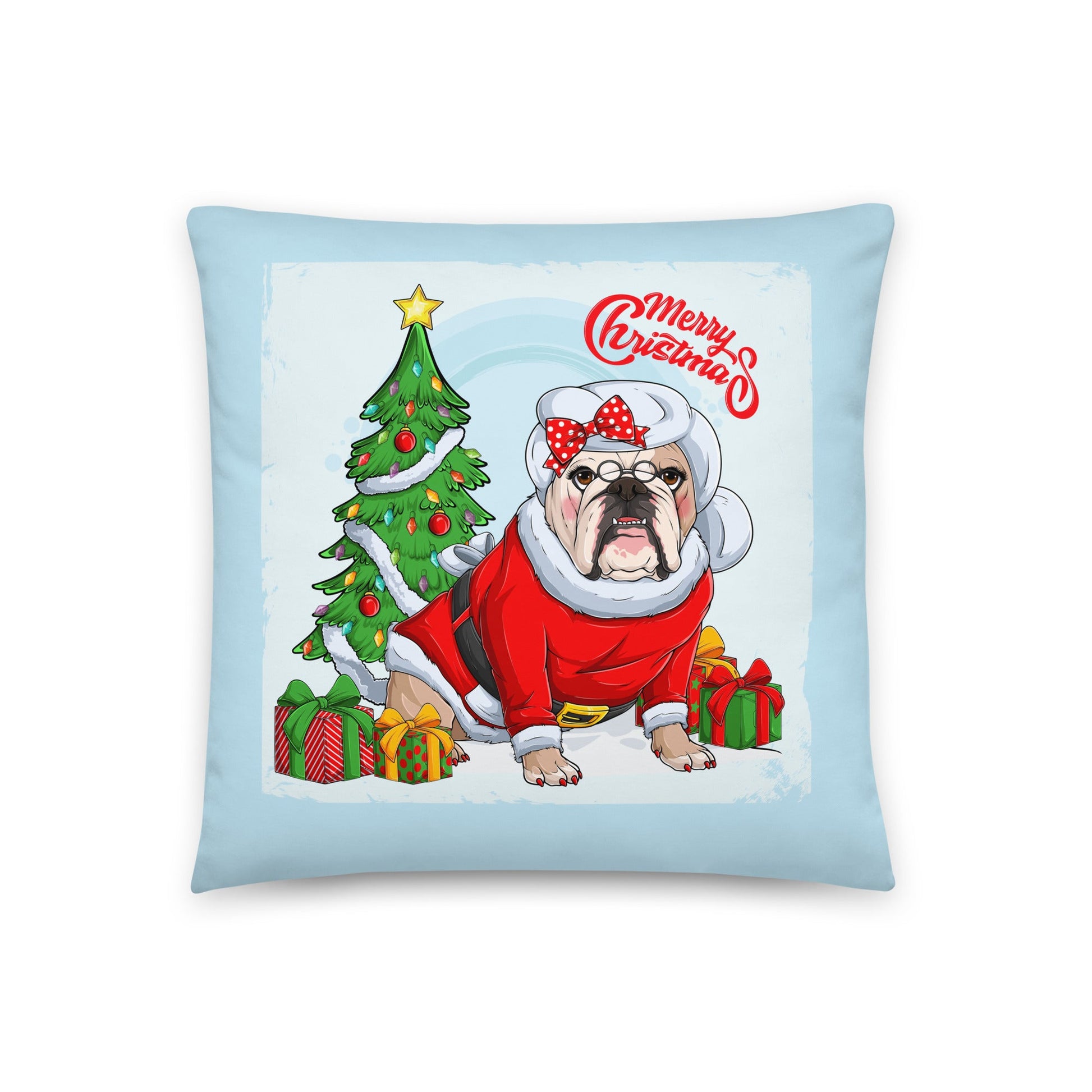 "Merry Christmas" Mrs. Claus Bulldog Throw Pillow | Fawn & White Colored