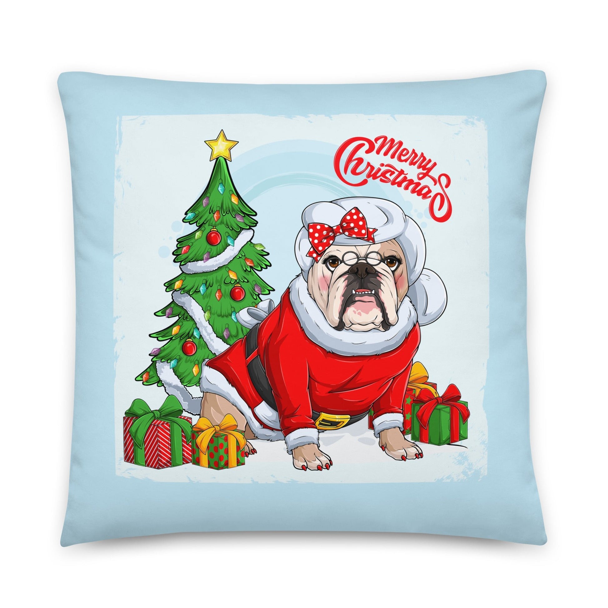 "Merry Christmas" Mrs. Claus Bulldog Throw Pillow | Fawn & White Colored