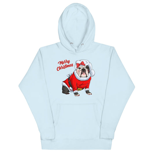 "Merry Christmas" Mrs. Claus Bulldog Unisex Hoodie | B&W Colored