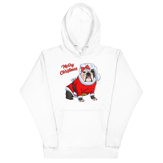 "Merry Christmas" Mrs. Claus Bulldog Unisex Hoodie | B&W Colored