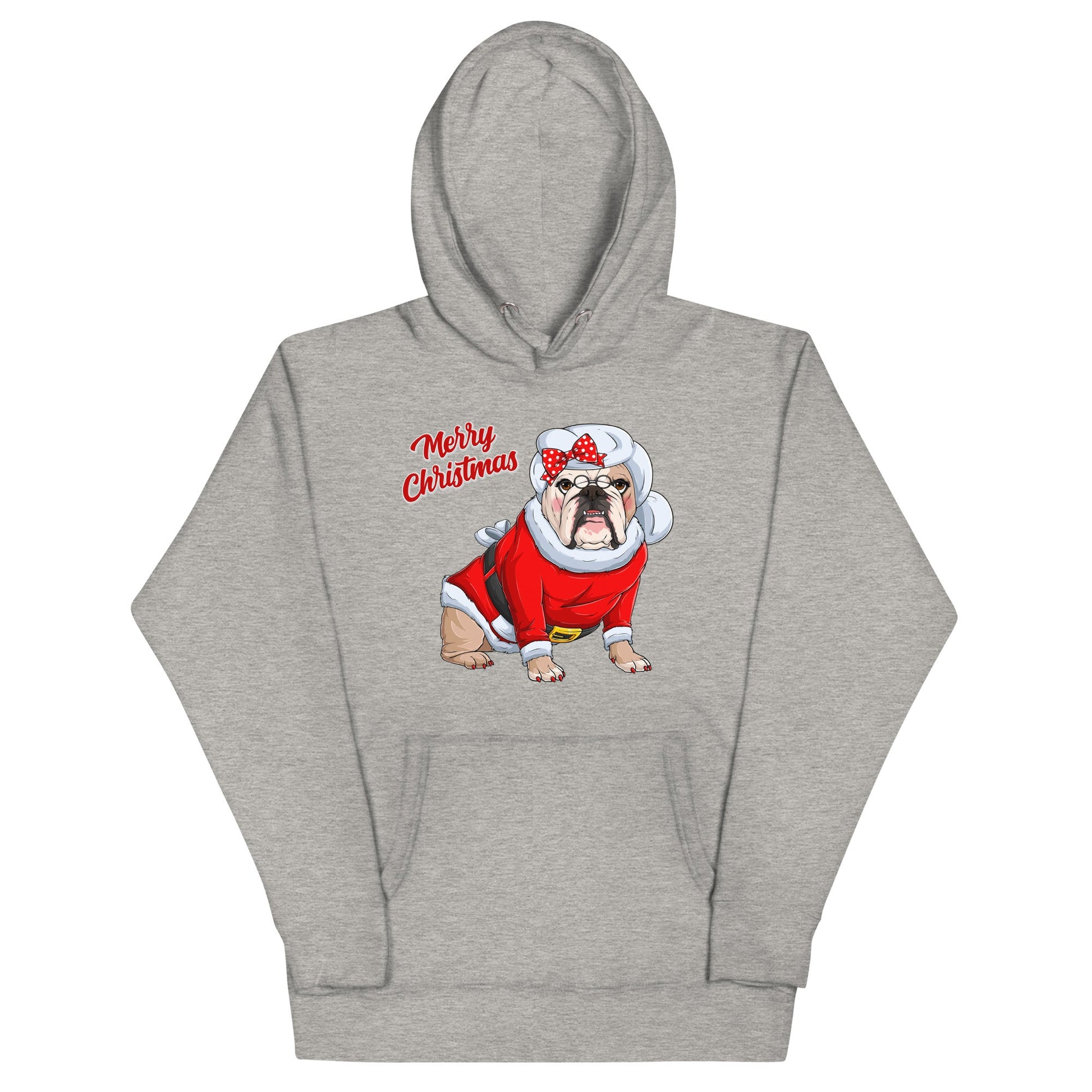 "Merry Christmas" Mrs. Claus Bulldog Unisex Hoodie | Fawn & White Colored