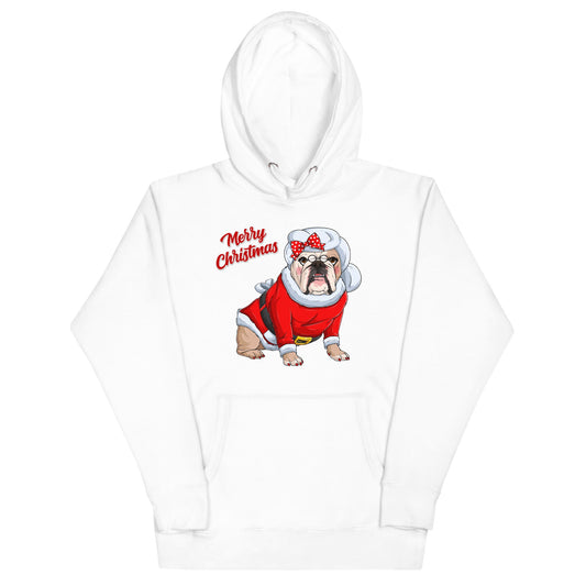 "Merry Christmas" Mrs. Claus Bulldog Unisex Hoodie | Fawn & White Colored