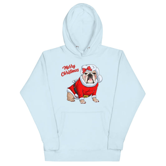 "Merry Christmas" Mrs. Claus Bulldog Unisex Hoodie | Fawn & White Colored