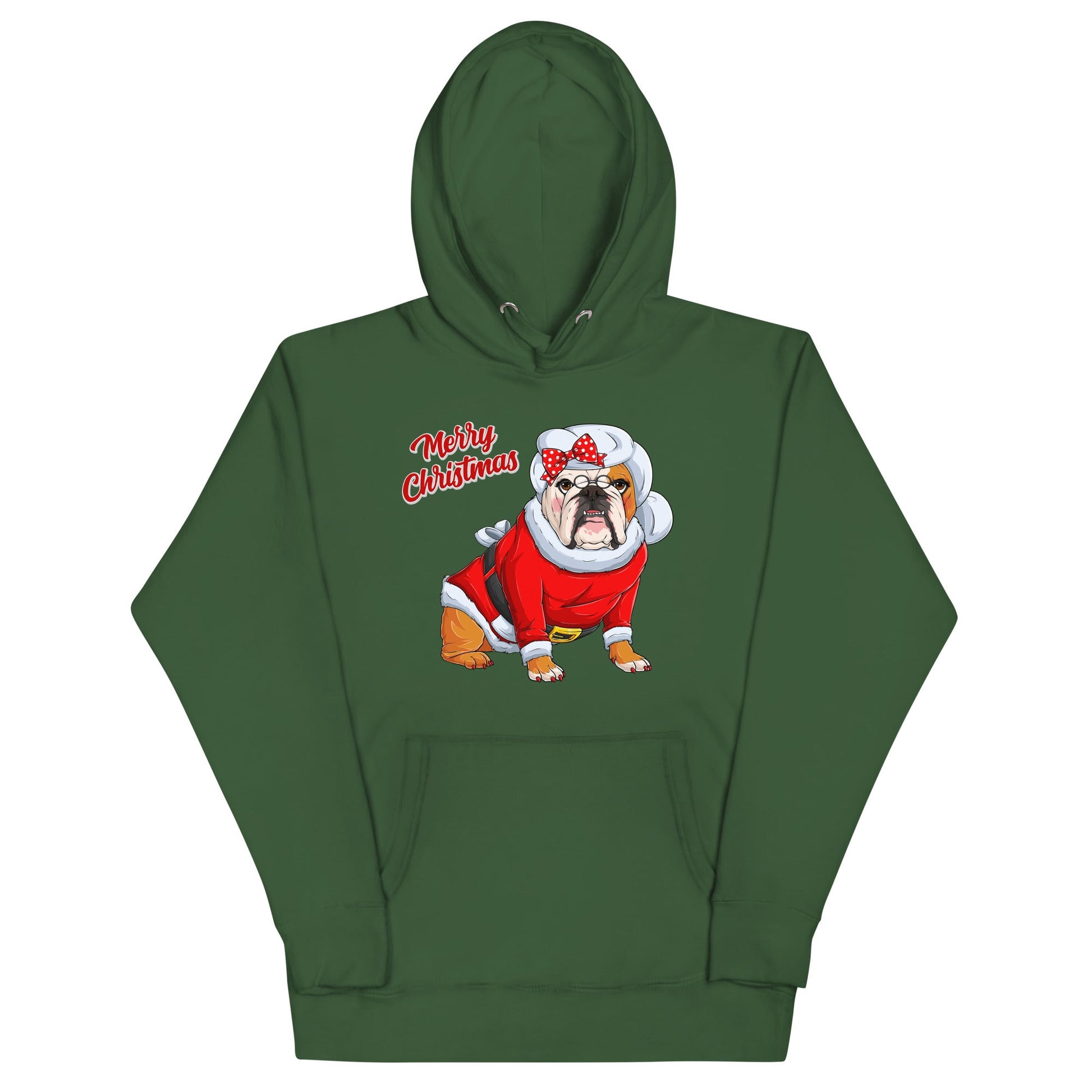 "Merry Christmas" Mrs. Claus Bulldog Unisex Hoodie | Red & White Colored