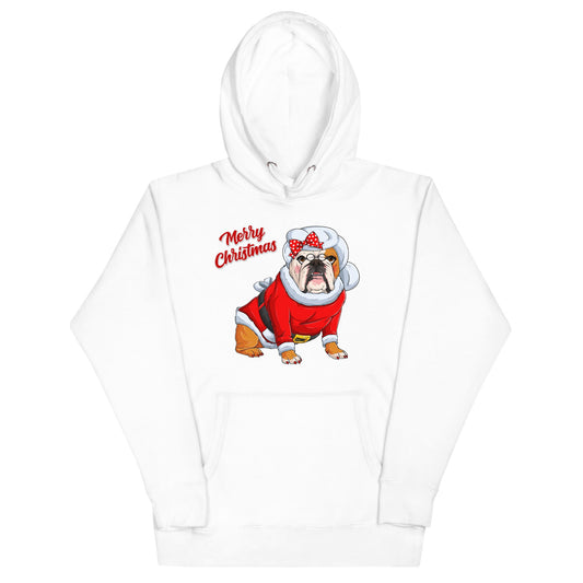 "Merry Christmas" Mrs. Claus Bulldog Unisex Hoodie | Red & White Colored