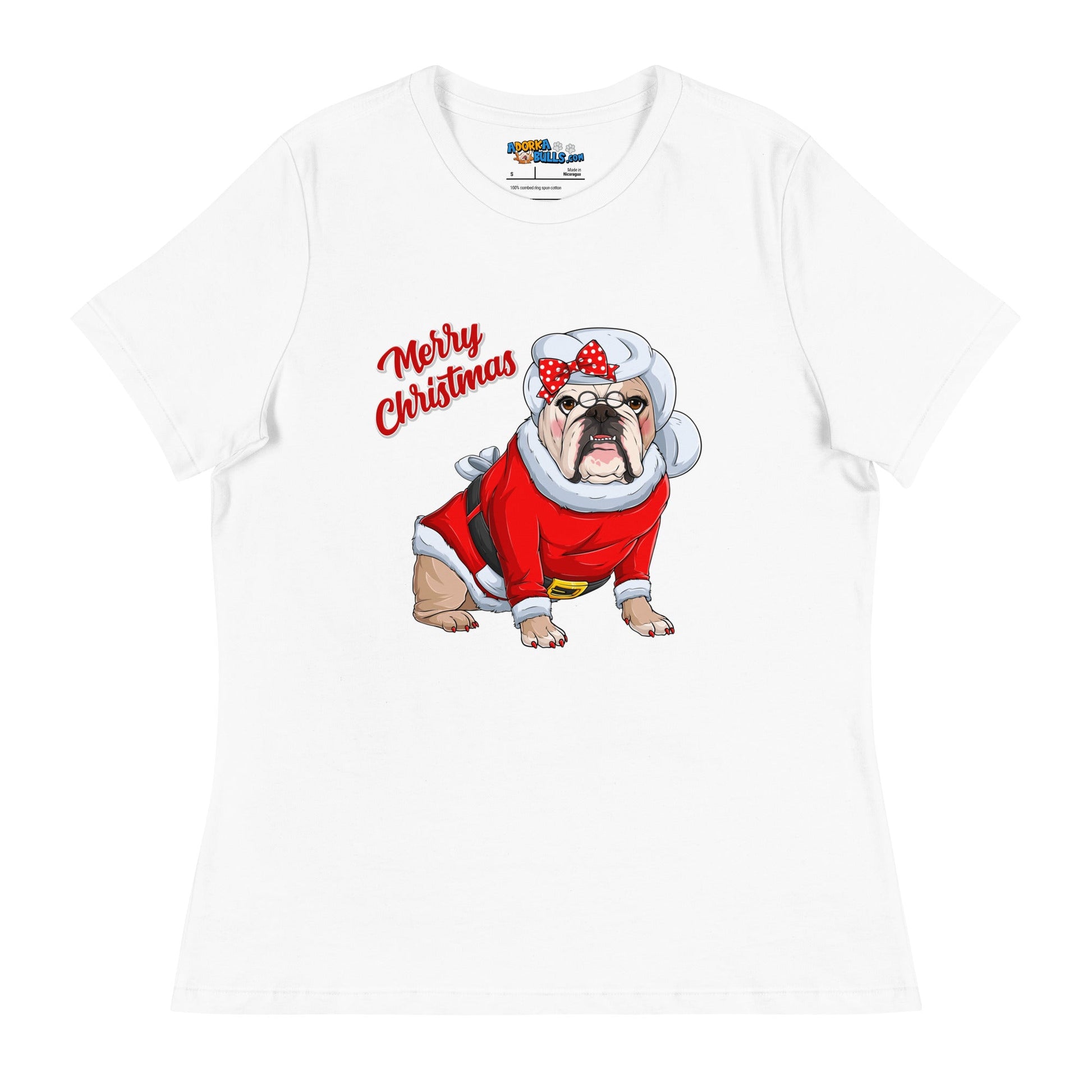 "Merry Christmas" Mrs. Claus Bulldog Women's Tee | Fawn & White Colored