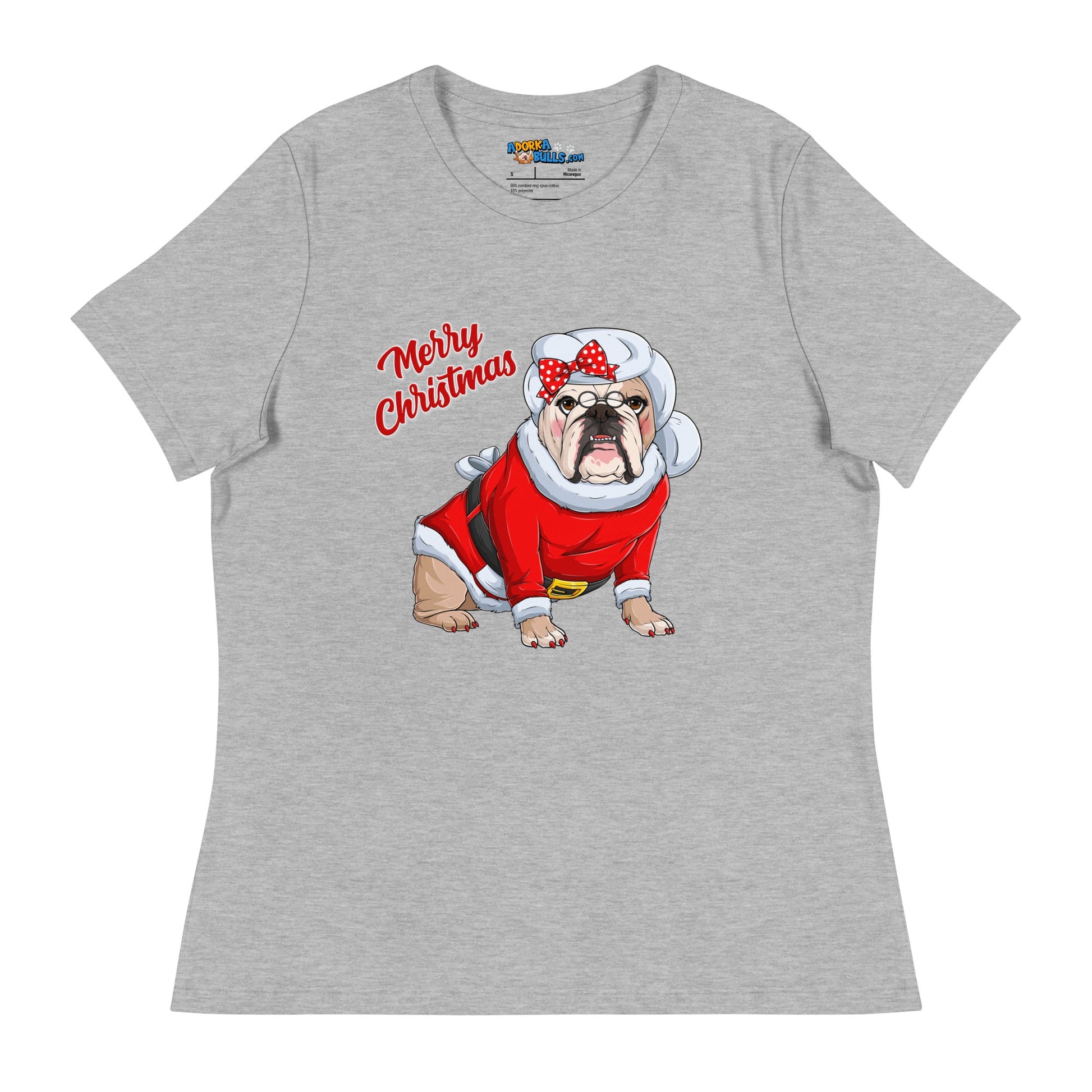 "Merry Christmas" Mrs. Claus Bulldog Women's Tee | Fawn & White Colored