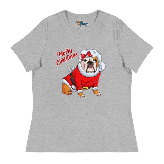 "Merry Christmas" Mrs. Claus Bulldog Women's Tee | Red & White Colored