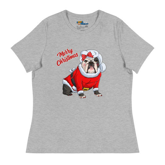 "Merry Christmas" Mrs. Claus Bulldog Women's Tee | Red & White Colored