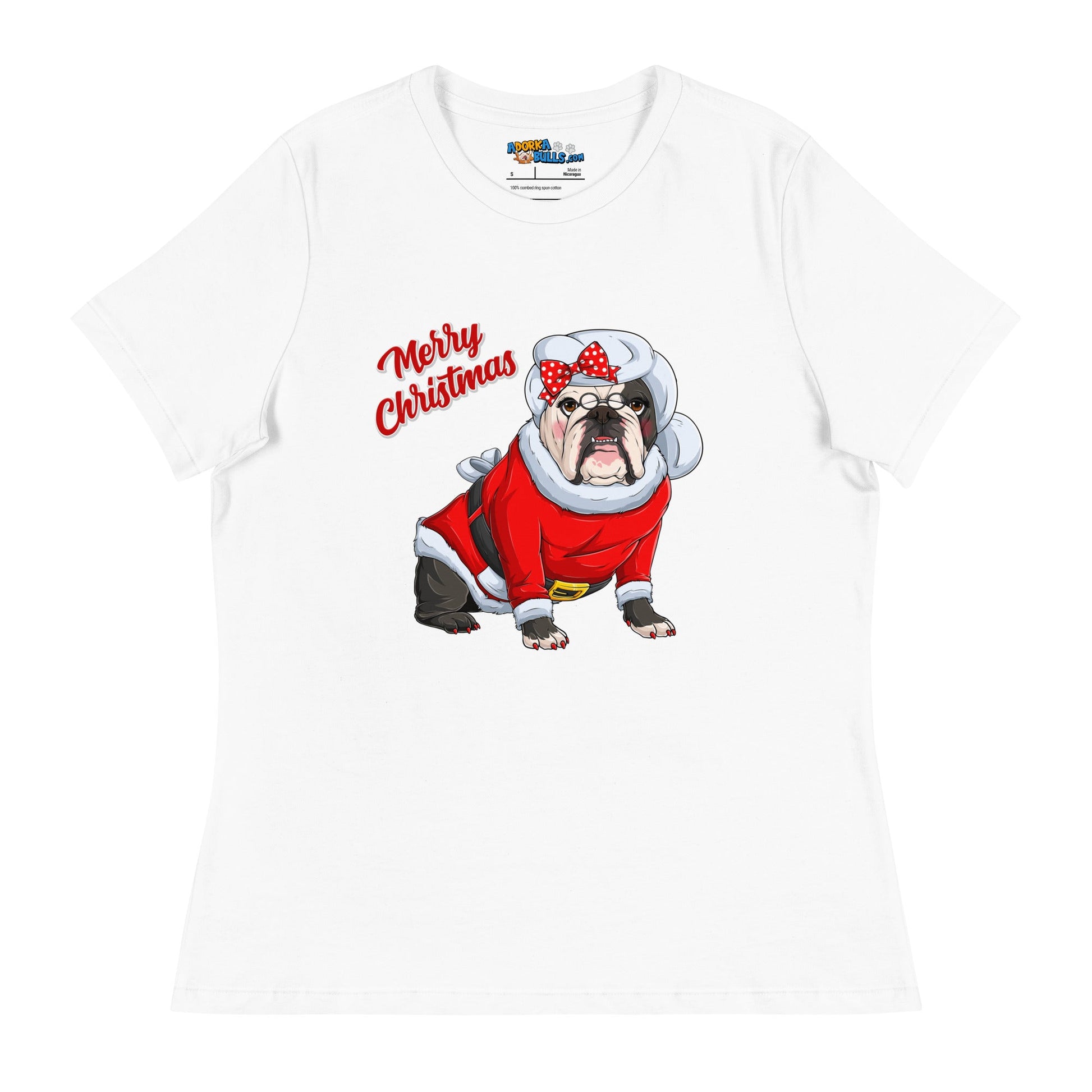 "Merry Christmas" Mrs. Claus Bulldog Women's Tee | Red & White Colored