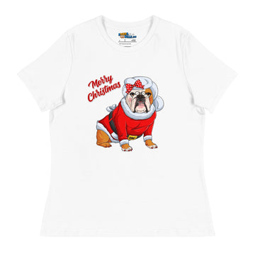 "Merry Christmas" Mrs. Claus Bulldog Women's Tee | Red & White Colored