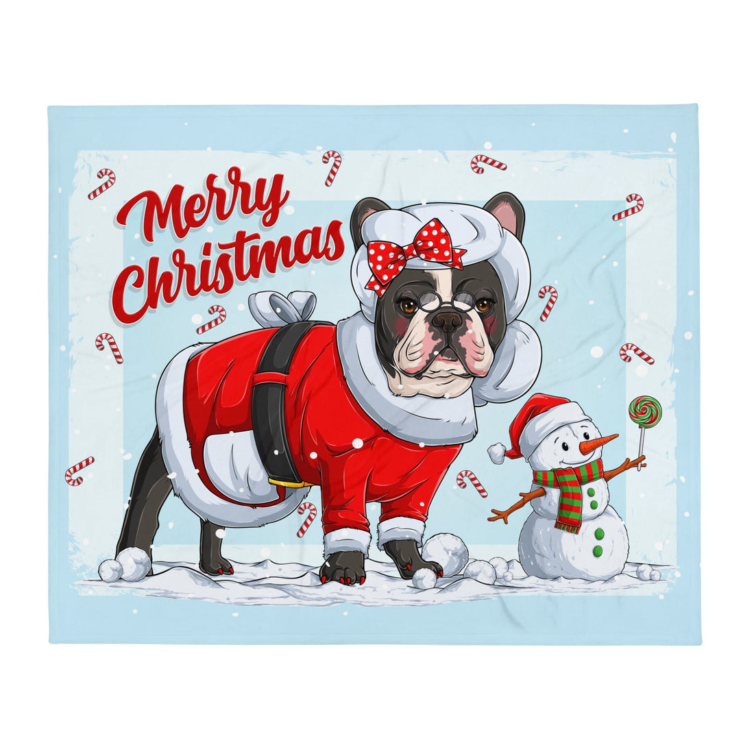 &quot;Merry Christmas&quot; Mrs. Claus Frenchie Throw Blanket | B&amp;W Colored