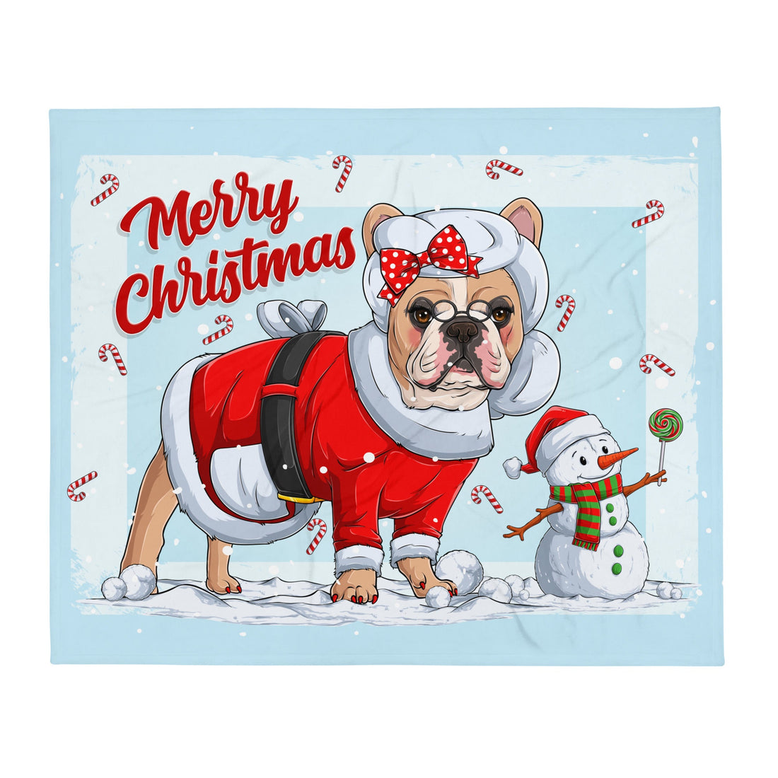 &quot;Merry Christmas&quot; Mrs. Claus Frenchie Throw Blanket | Fawn &amp; White Colored