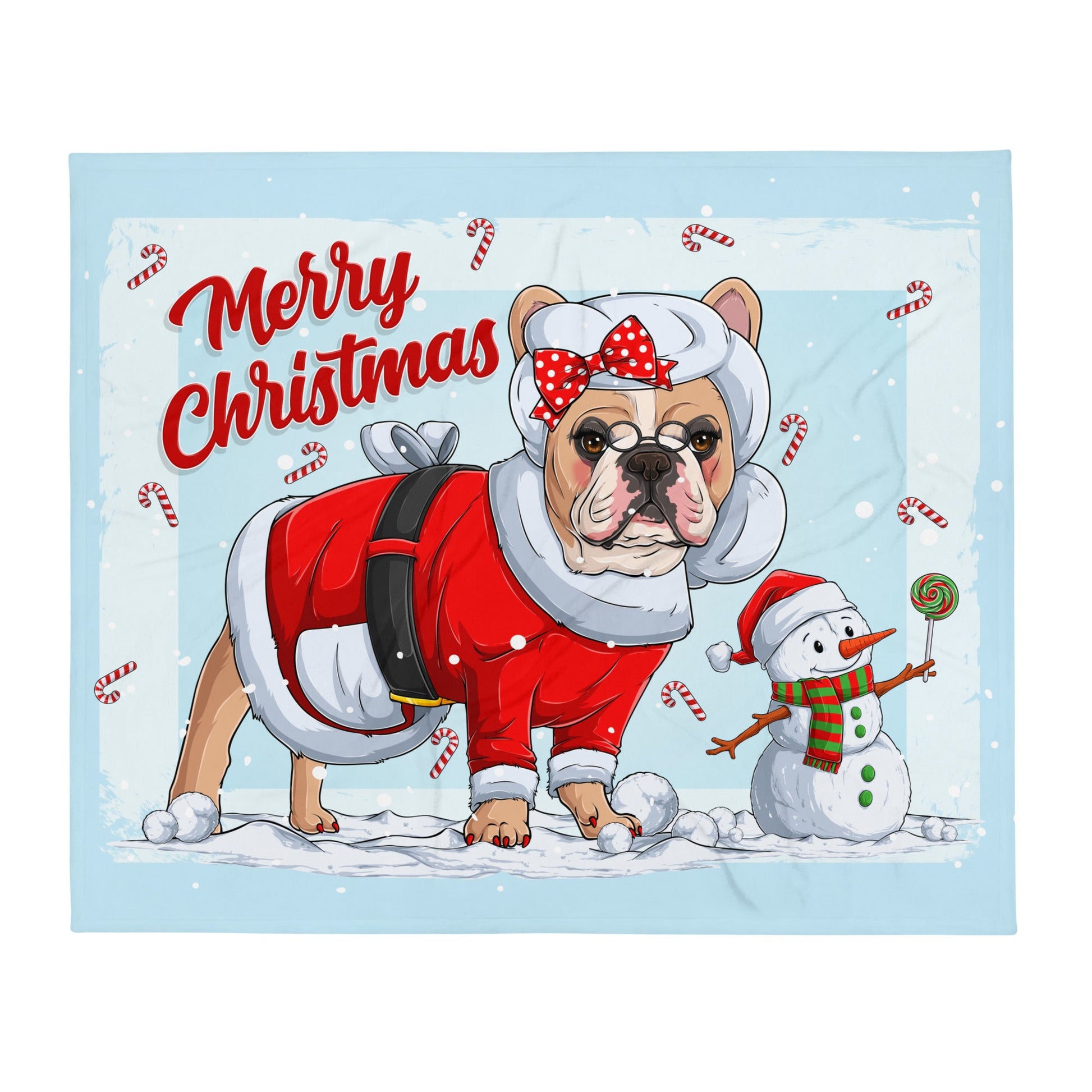 "Merry Christmas" Mrs. Claus Frenchie Throw Blanket | Fawn & White Colored