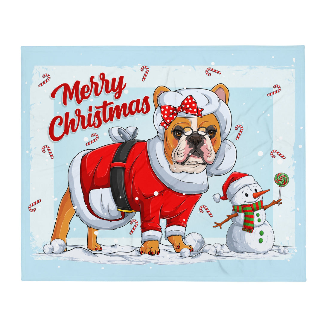 &quot;Merry Christmas&quot; Mrs. Claus Frenchie Throw Blanket | Red &amp; White Colored