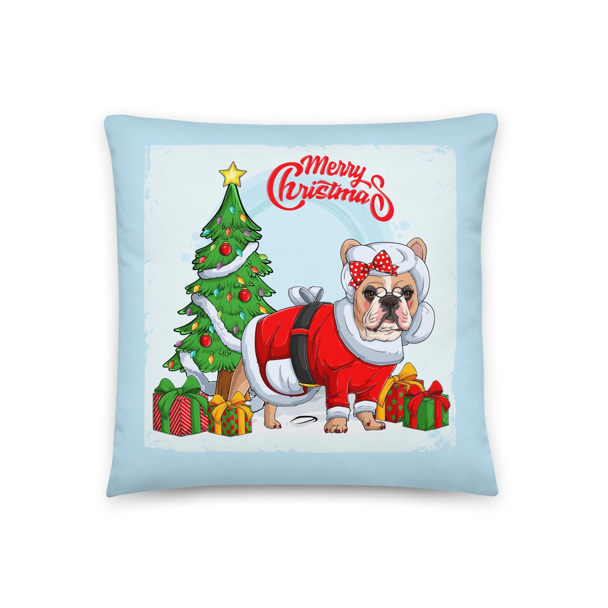 "Merry Christmas" Mrs. Claus Frenchie Throw Pillow | Fawn & White Colored