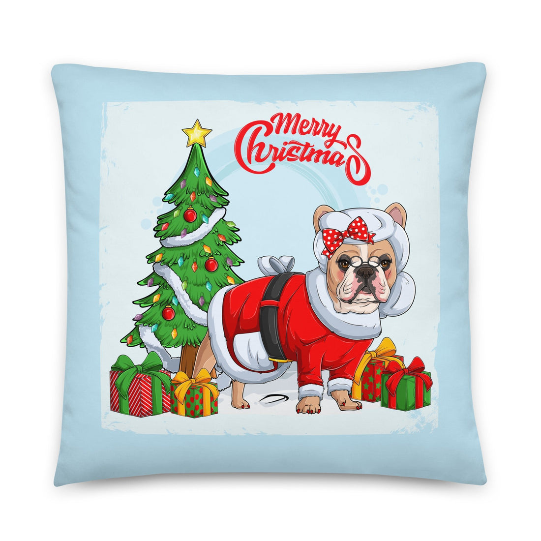 &quot;Merry Christmas&quot; Mrs. Claus Frenchie Throw Pillow | Fawn &amp; White Colored