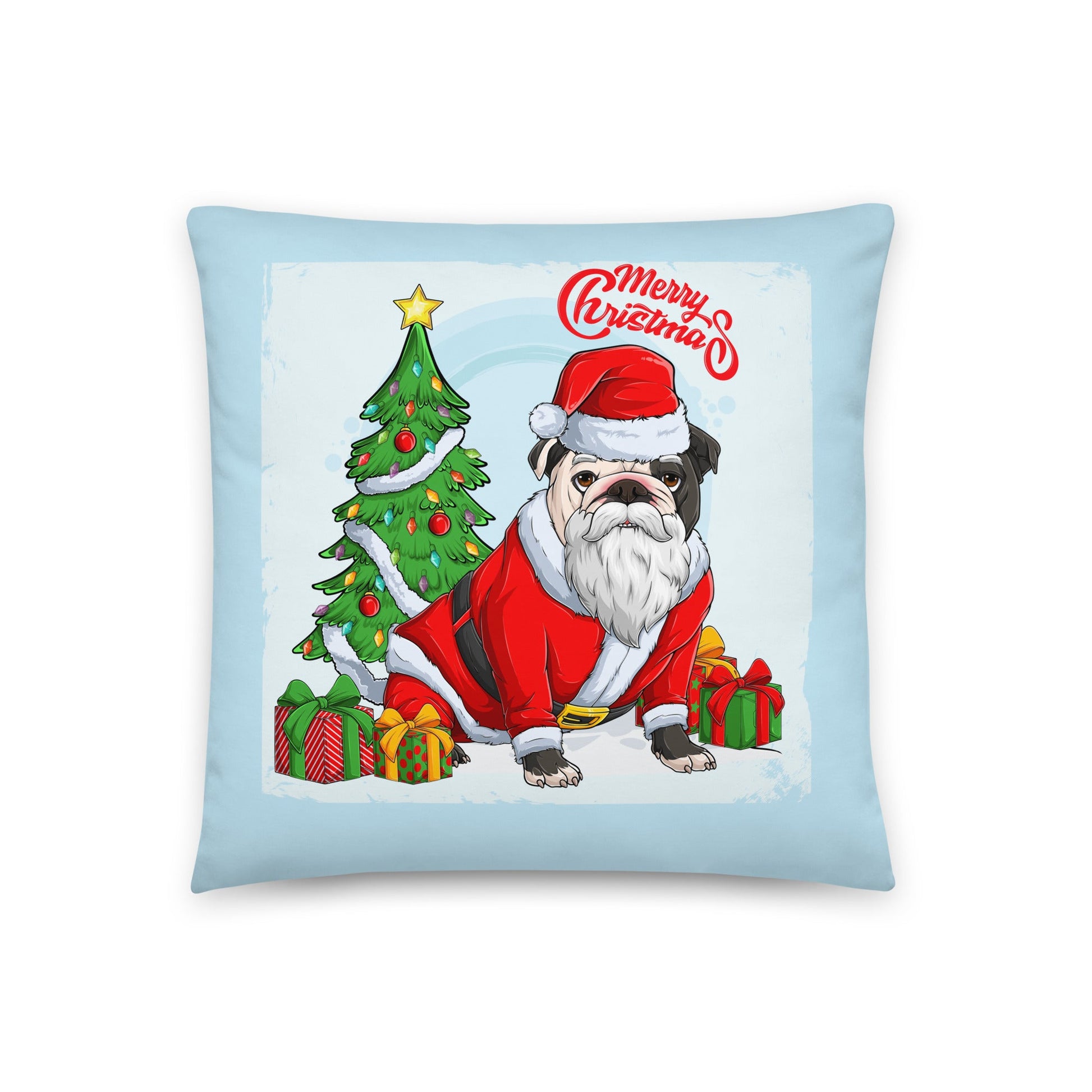 "Merry Christmas" Santa Bulldog Throw Pillow | B&W Colored