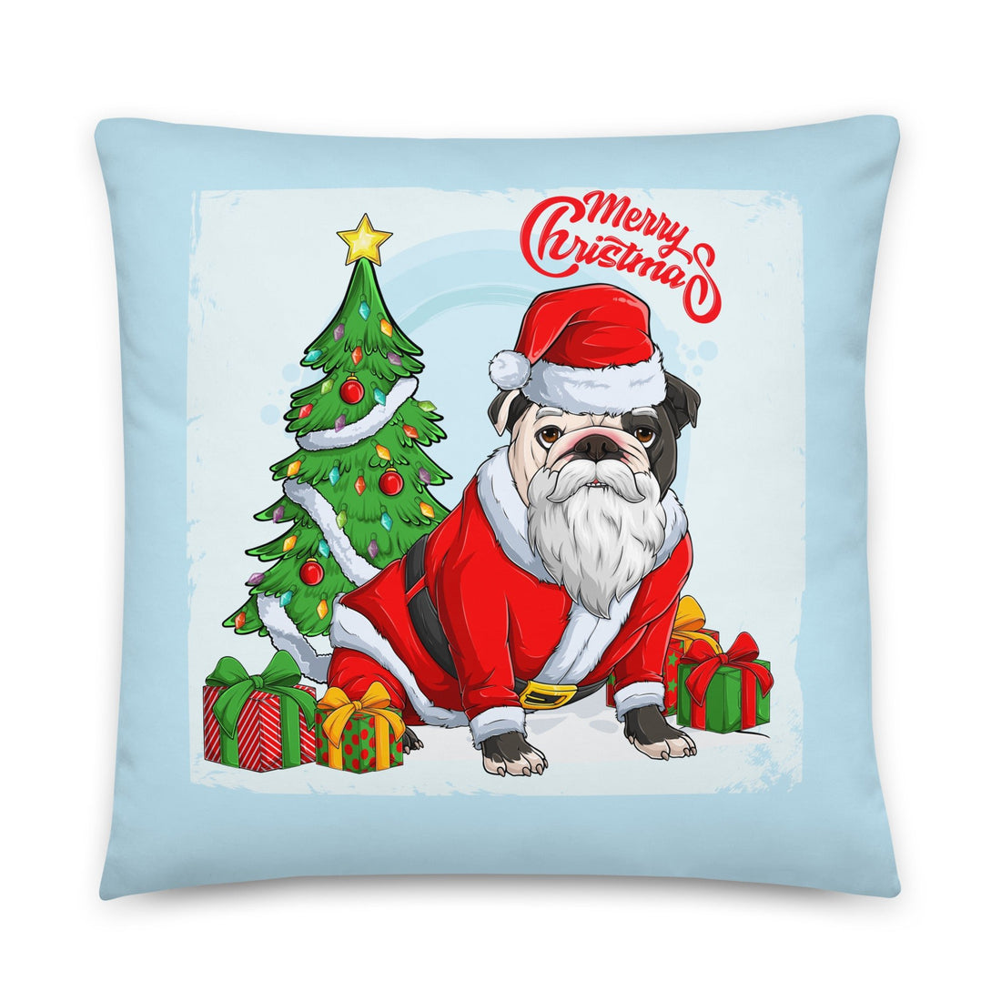 &quot;Merry Christmas&quot; Santa Bulldog Throw Pillow | B&amp;W Colored