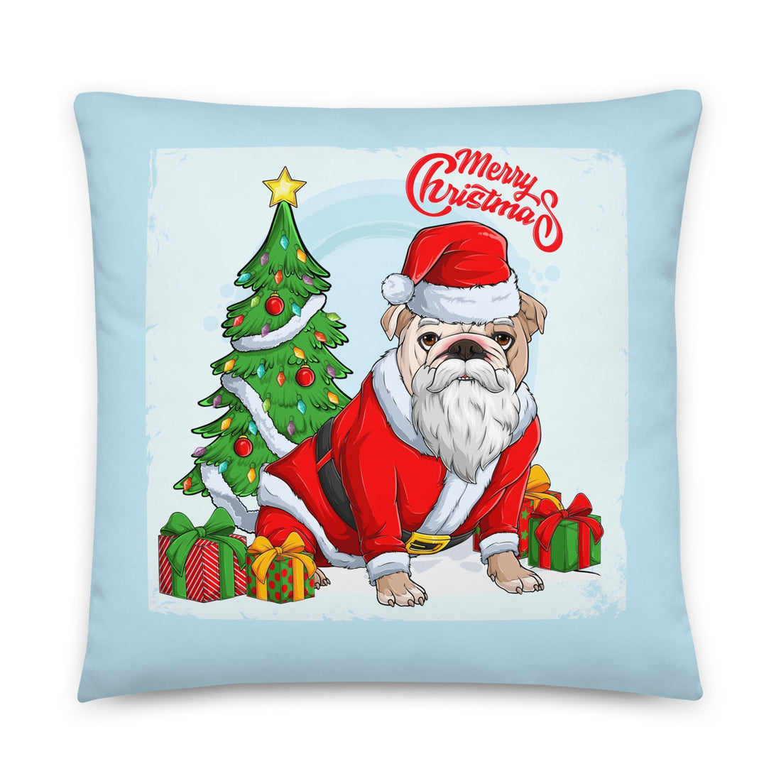 &quot;Merry Christmas&quot; Santa Bulldog Throw Pillow | Fawn &amp; White Colored