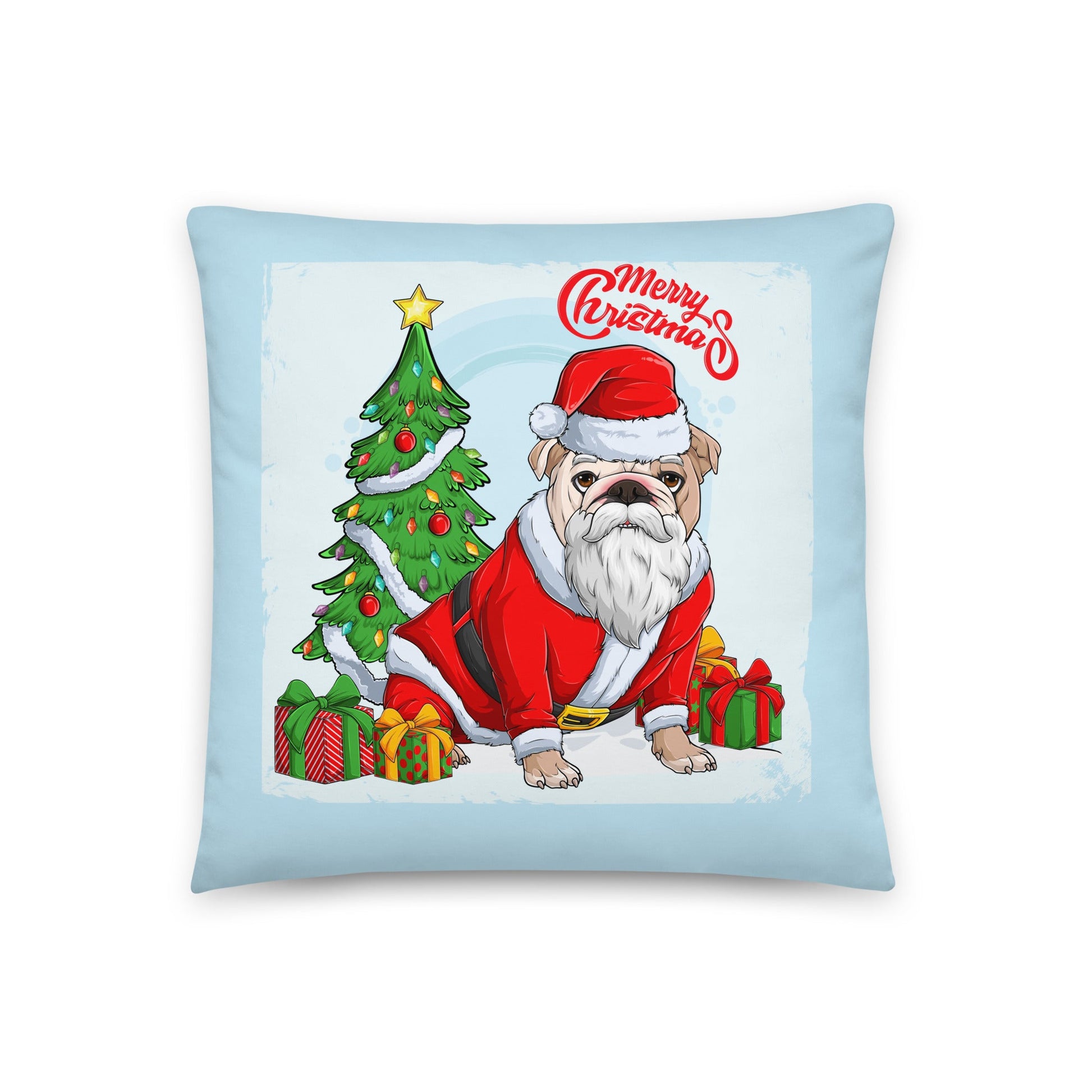 "Merry Christmas" Santa Bulldog Throw Pillow | Fawn & White Colored