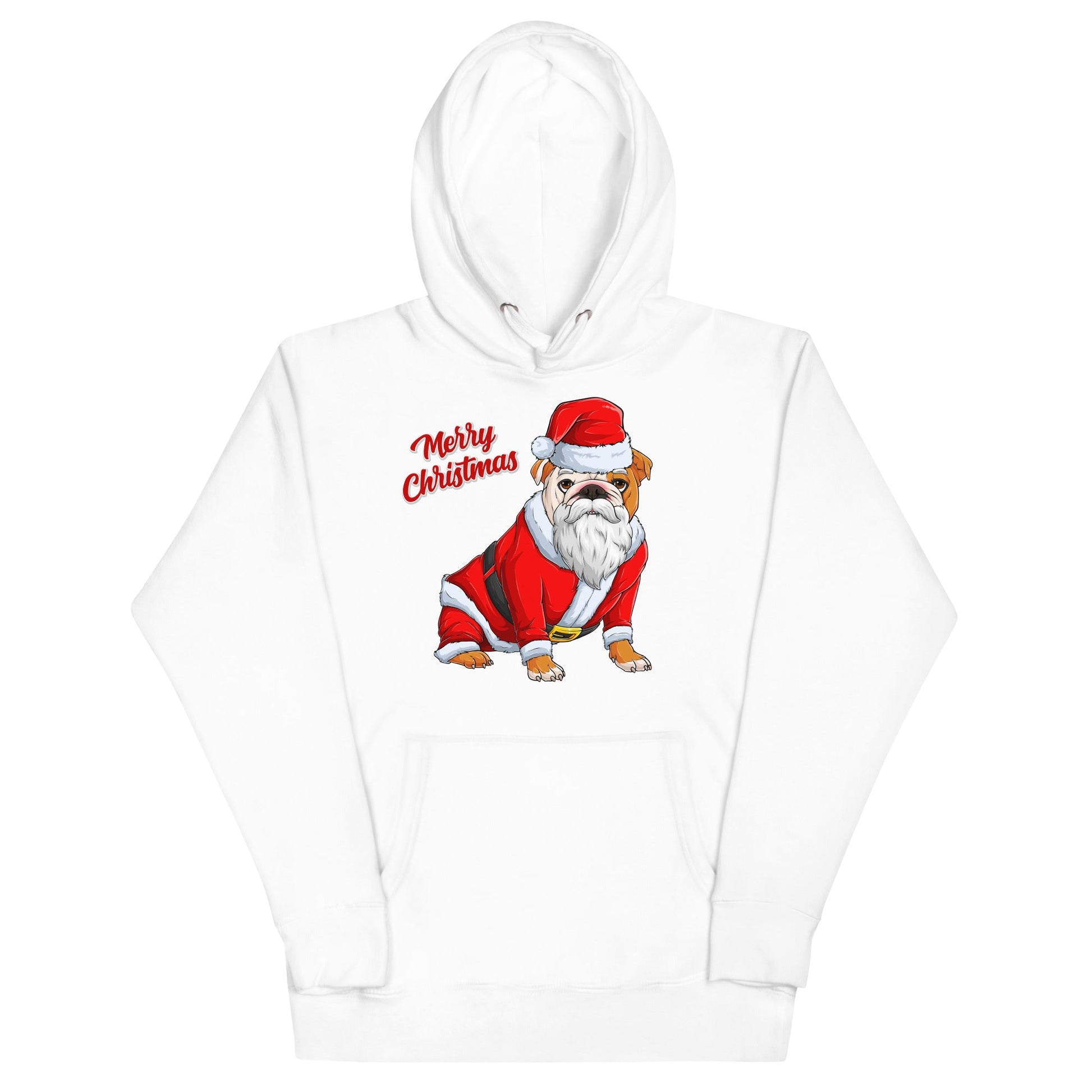 "Merry Christmas" Santa Bulldog Unisex Hoodie | Red & White Colored