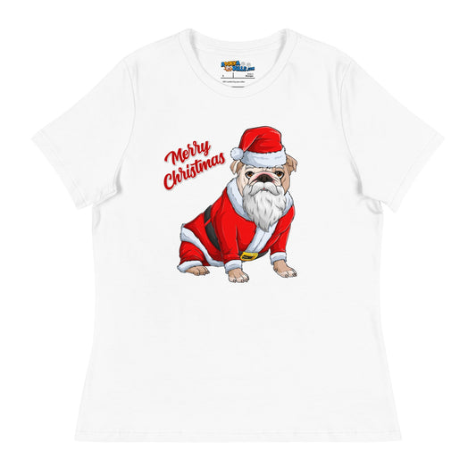 "Merry Christmas" Santa Bulldog Women's Tee | Fawn & White Colored