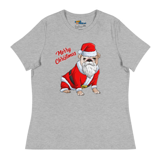 "Merry Christmas" Santa Bulldog Women's Tee | Fawn & White Colored