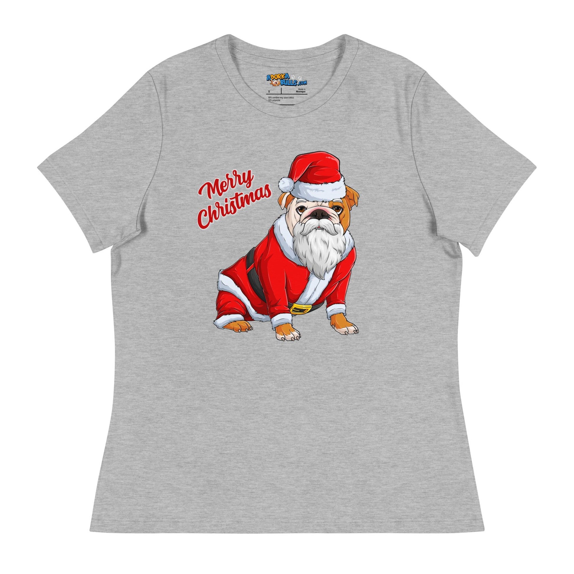 "Merry Christmas" Santa Bulldog Women's Tee | Red & White Colored