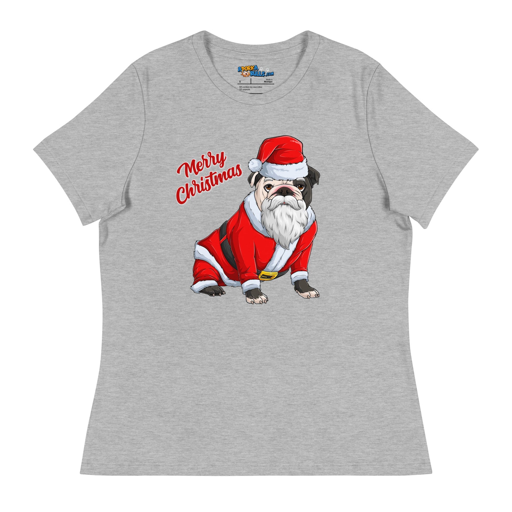 "Merry Christmas" Santa Bulldog Women's Tee | Red & White Colored