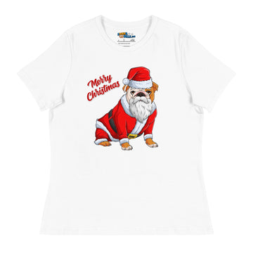 "Merry Christmas" Santa Bulldog Women's Tee | Red & White Colored