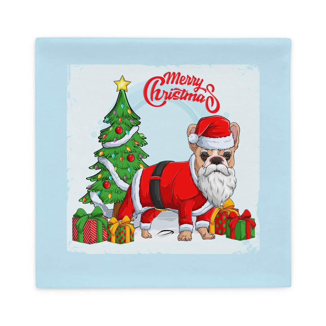 &quot;Merry Christmas&quot; Santa Frenchie Pillow Case | Fawn &amp; White Colored