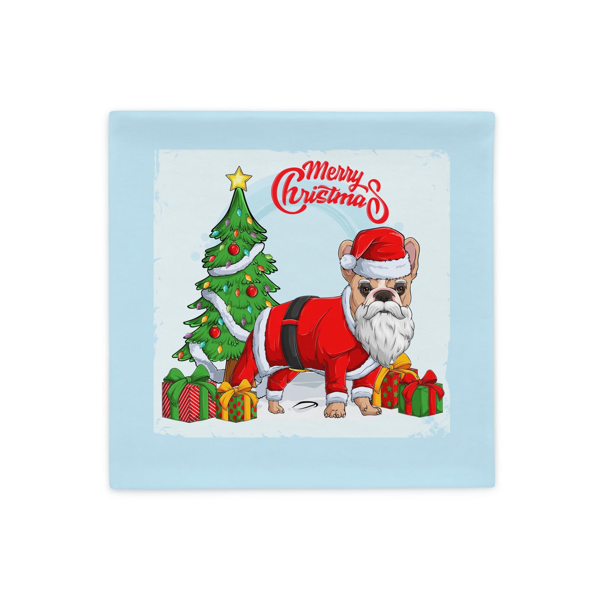 "Merry Christmas" Santa Frenchie Pillow Case | Fawn & White Colored