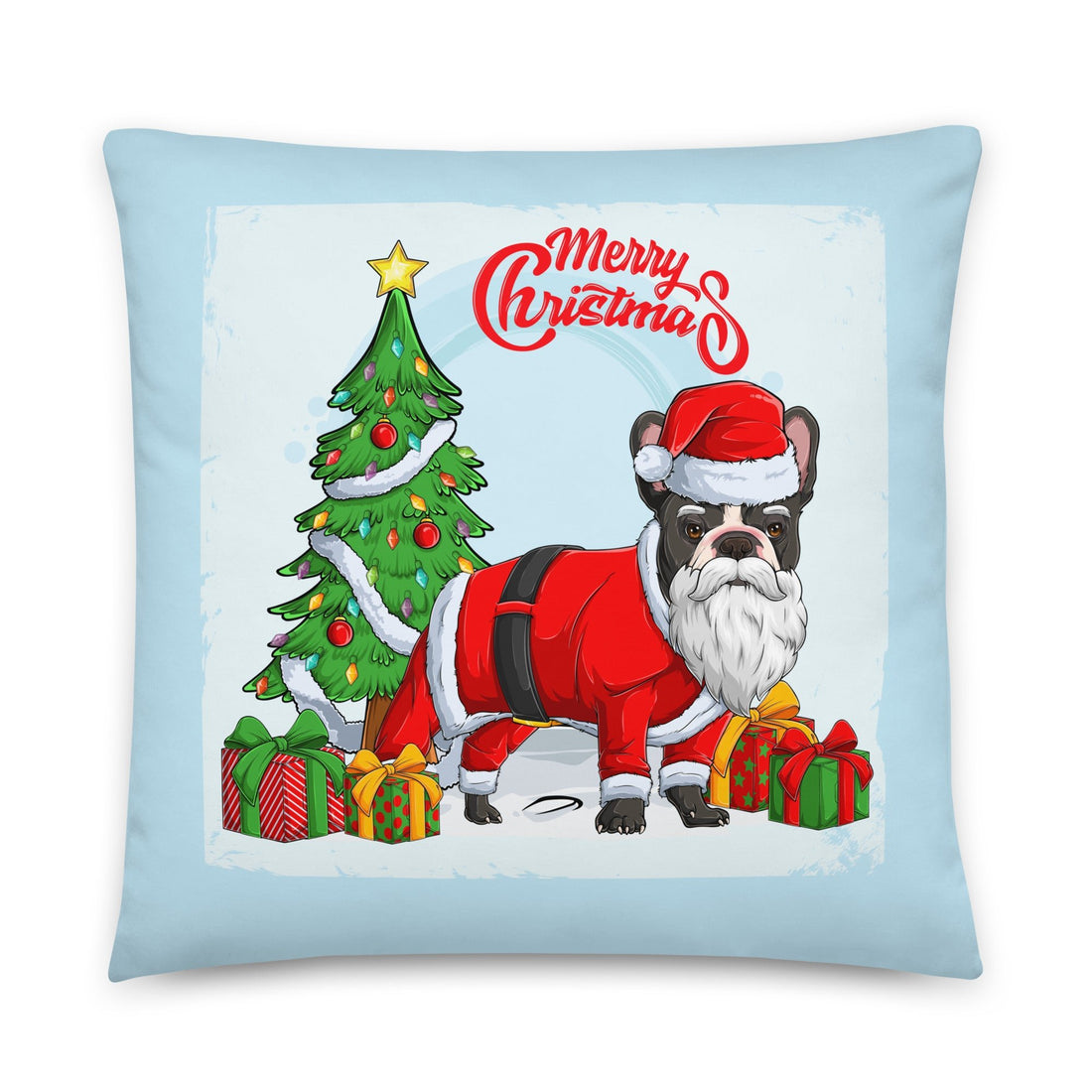 &quot;Merry Christmas&quot; Santa Frenchie Throw Pillow | B&amp;W Colored