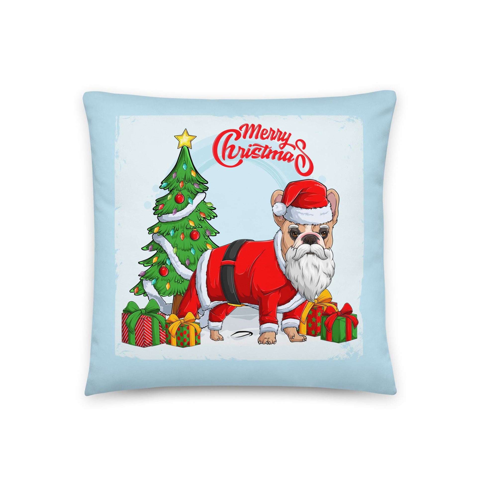 "Merry Christmas" Santa Frenchie Throw Pillow | Fawn & White Colored