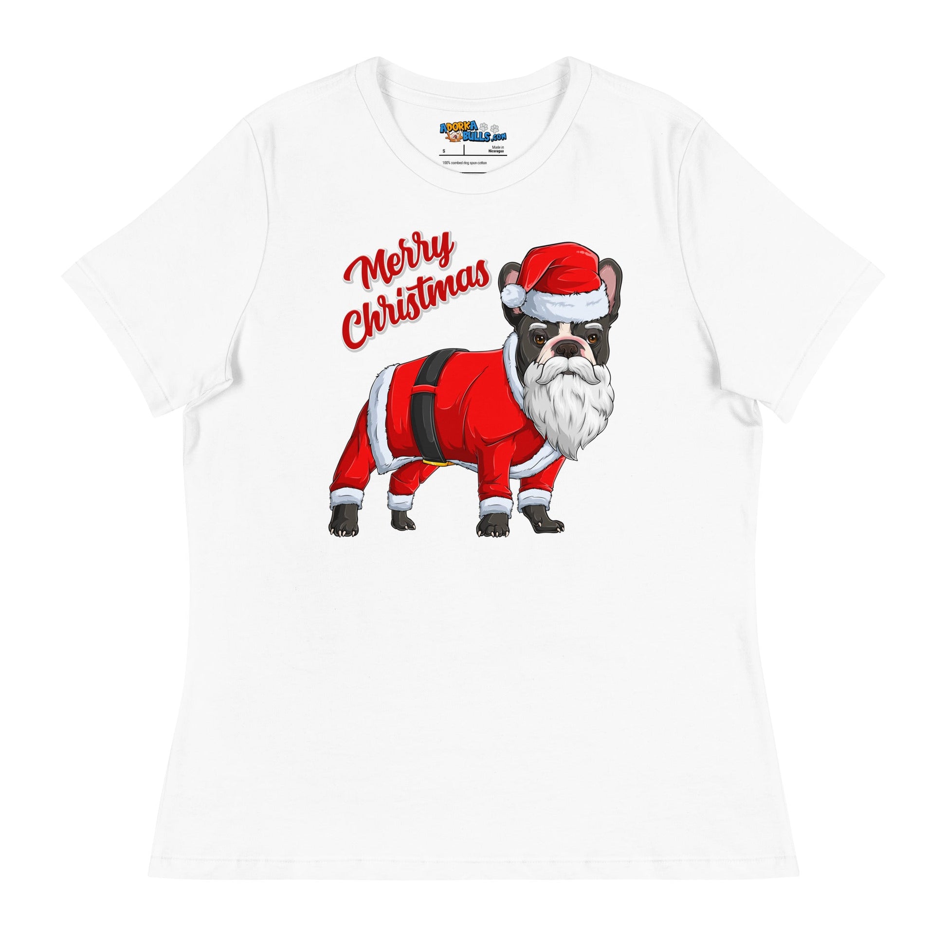 "Merry Christmas" Santa Frenchie Women's Tee | Fawn & White Colored