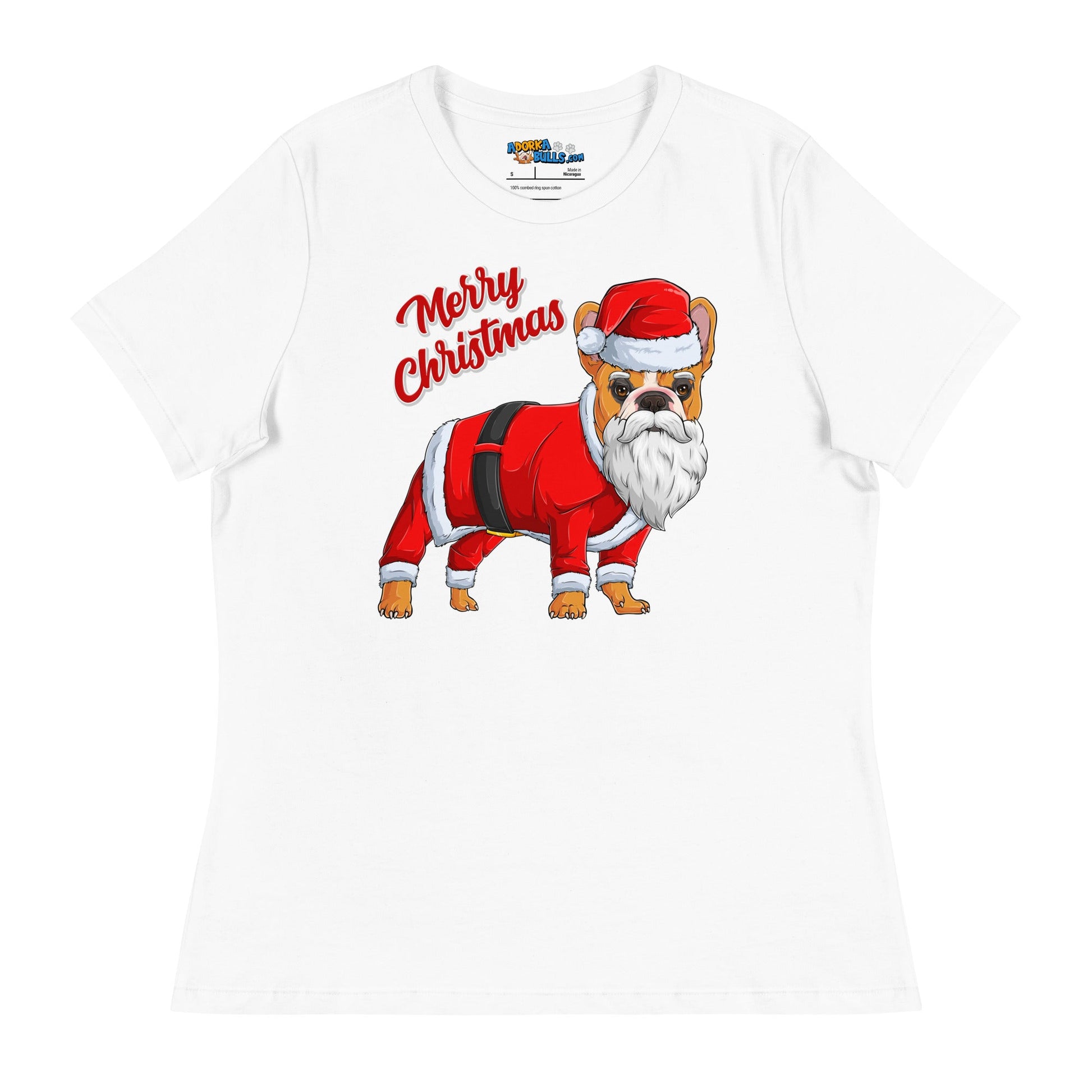 "Merry Christmas" Santa Frenchie Women's Tee | Red & White Colored