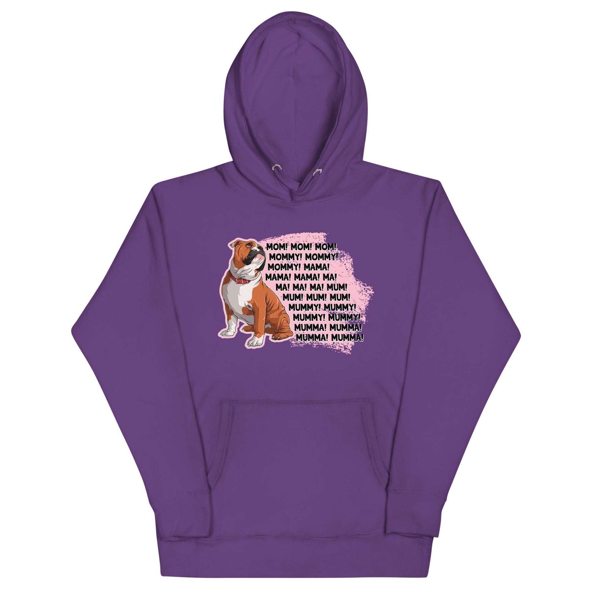 "Mom, Mommy, Mama" English Bulldog Unisex Hoodie | Red & White Colored