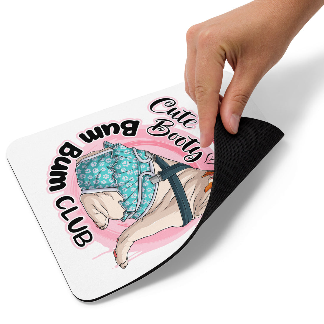 &quot;Cute Booty Bum Bum Club&quot; Mouse Pad | Red &amp; White Colored Female English Bulldog with Spina Bifida