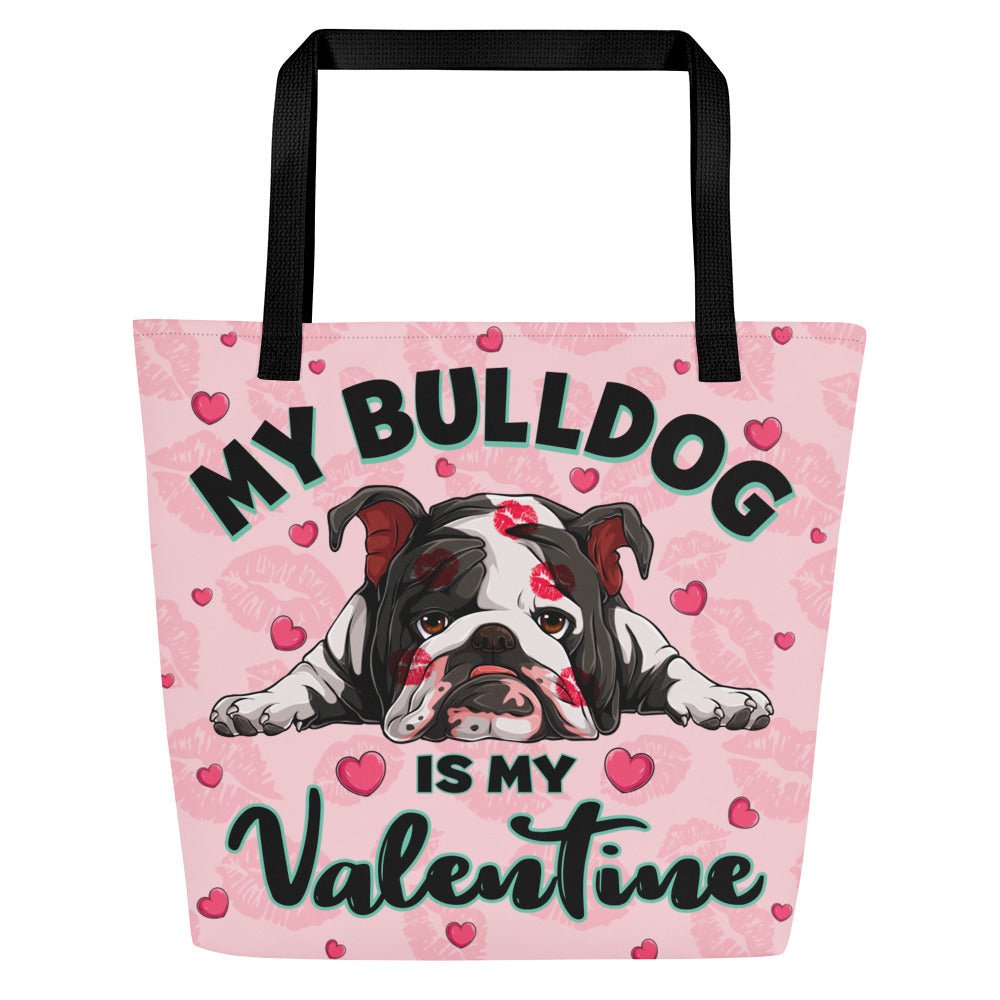 "My Bulldog Is My Valentine" Large Tote Bag with Pocket | B&amp;W Colored