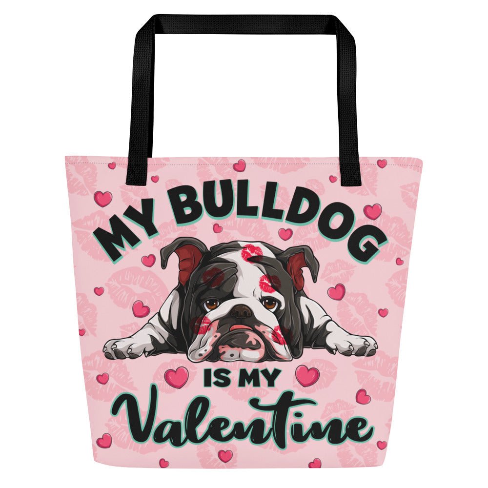 "My Bulldog Is My Valentine" Large Tote Bag with Pocket | B&amp;W Colored