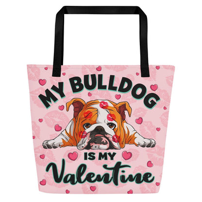 "My Bulldog Is My Valentine" Large Tote Bag with Pocket | Red &amp; White Colored