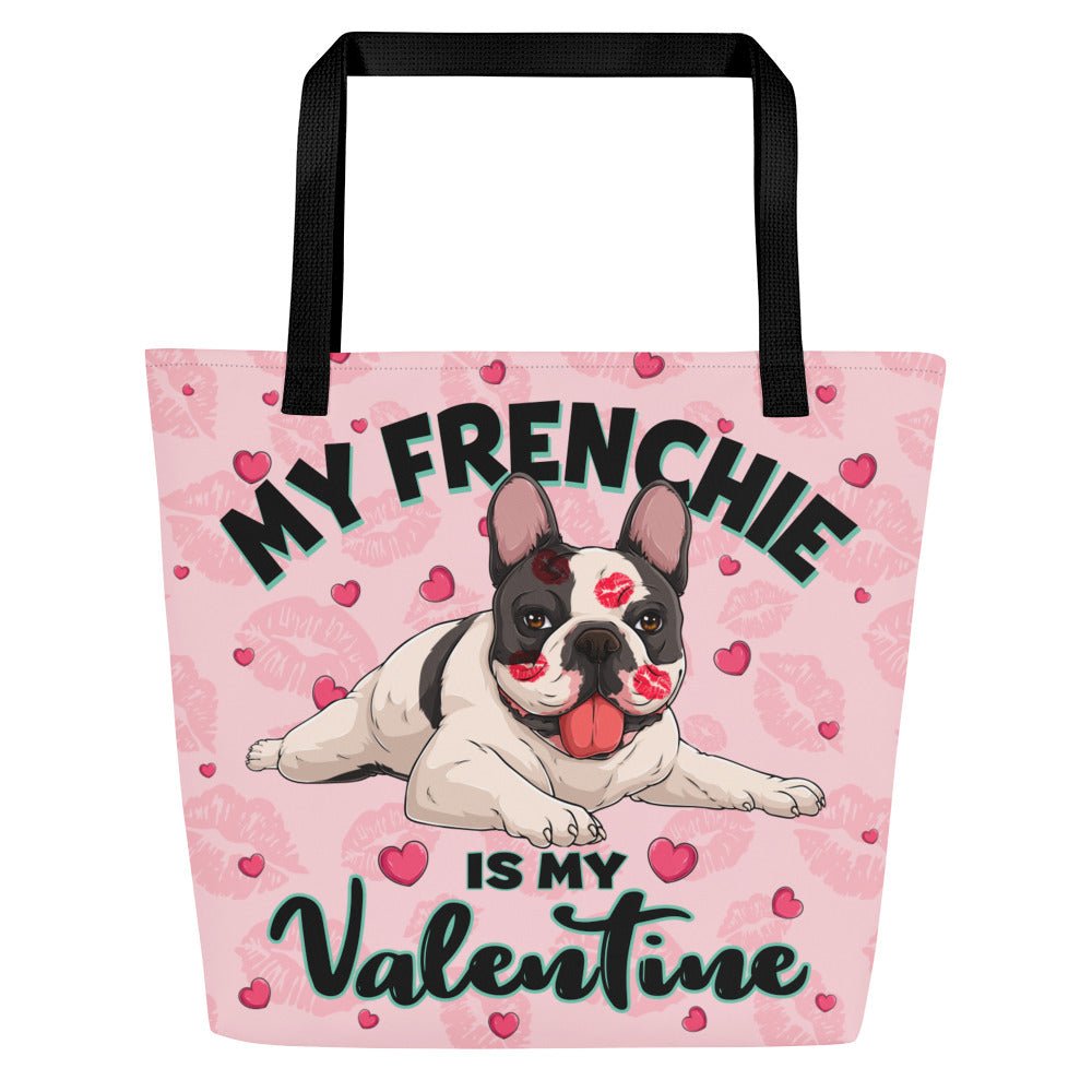 "My Frenchie Is My Valentine" Large Tote Bag with Pocket | B&amp;W Colored